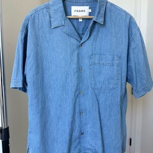 Frame Denim Men's Light Blue Cotton/Linen Denim Button-Down Shirt